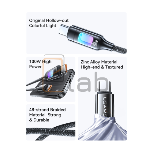 CAVO DI RICARICA TYPE-C / TYPE-C IN LEGA DI ZINCO CON LUCE COLORATA 100W 1.2M TARNISH US-SJ750 USAMS