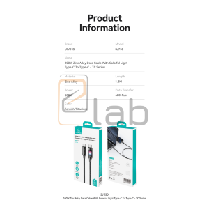 CAVO DI RICARICA TYPE-C / TYPE-C IN LEGA DI ZINCO CON LUCE COLORATA 100W 1.2M TARNISH US-SJ750 USAMS