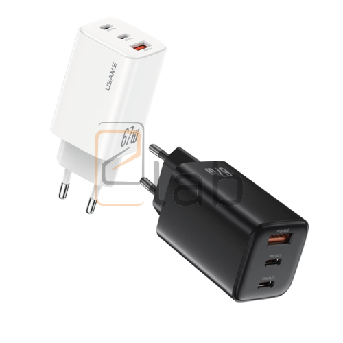 CARICABATTERIE A TRIPLA PORTA USB / TYPE-C A CARICA VELOCE NERO 67W GAN CHIP US-CC265 SERIE JC USAMS