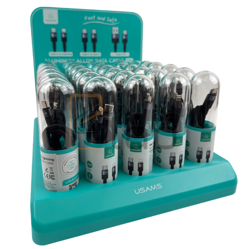 SET CAVI DI RICARICA TYPE-C/LIGHTNING IN LEGA DI ALLUMINIO TARNISH 1.2M 30W + ESPOSITORE US-SJ729 SERIE SY USAMS - 30 PEZZI